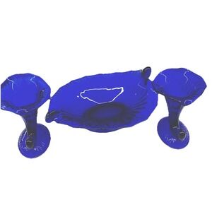 FENTON ROYAL BLUE CORNUCOPIA CONSOLE SET #950 3 Piece VINTAGE‎ COLLECTIBLE